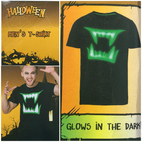 Men’s Halloween Glow-in-the-Dark Vampire Fang T-Shirt | Black Scary Teeth Graphic Tee